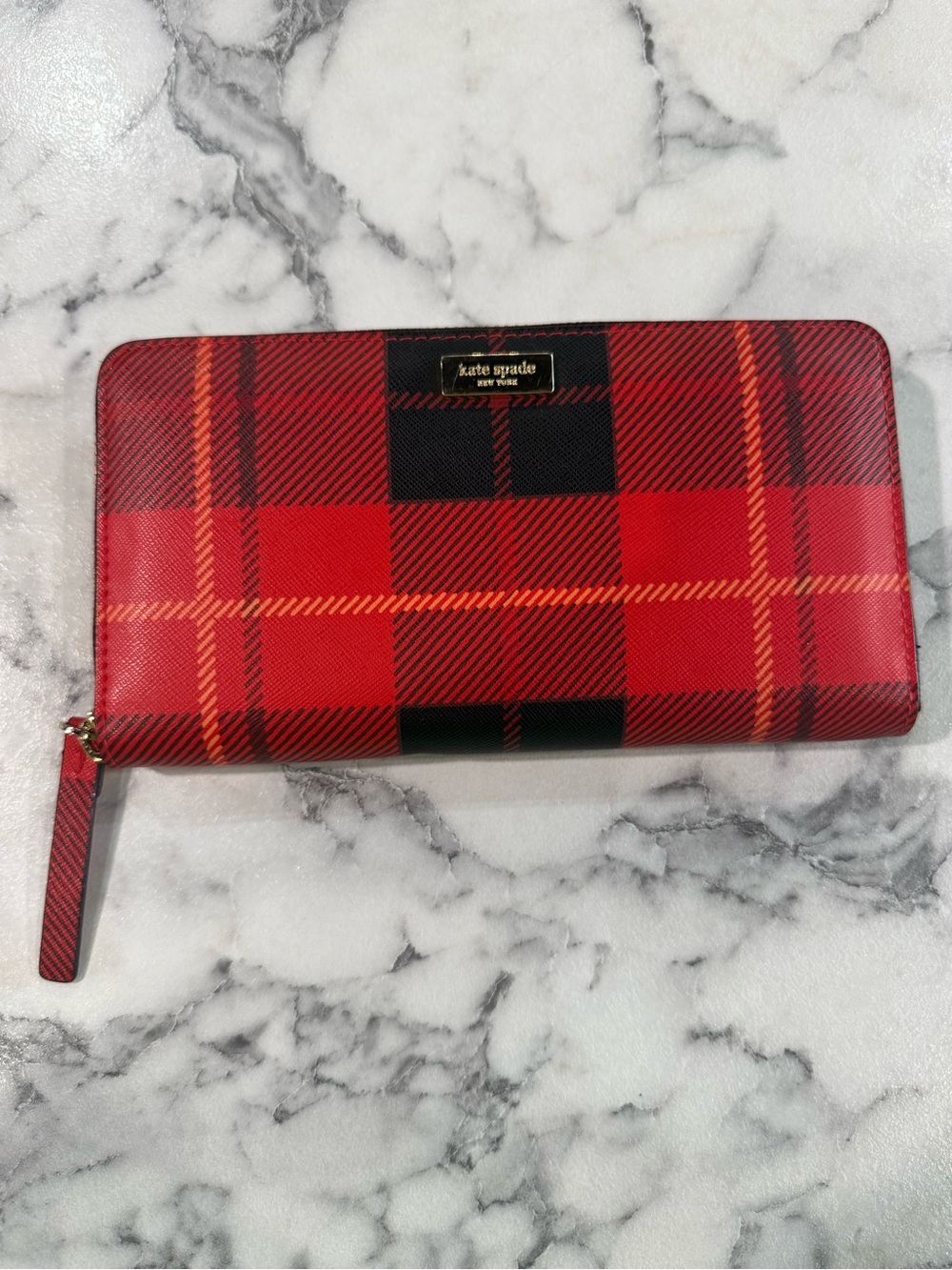 Kate Spade red plaid continental zip wallet